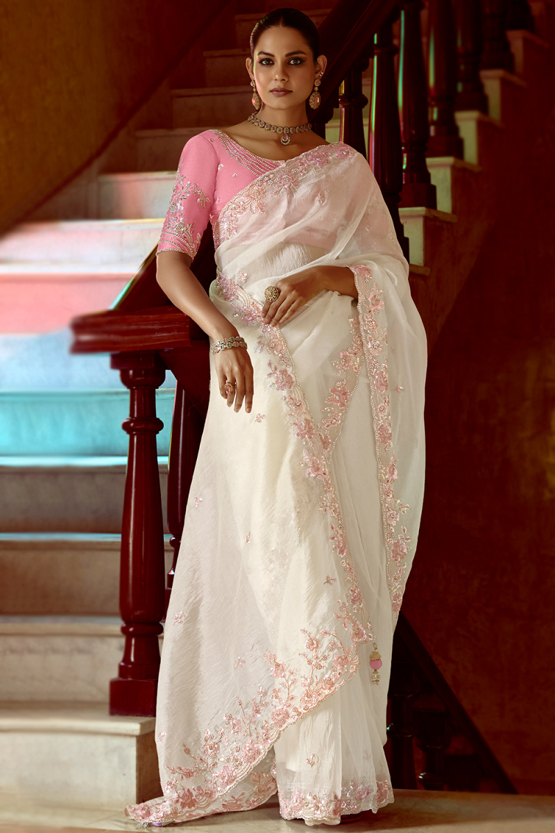 Off White Tissue Silk Embroidered Light Weight Saree