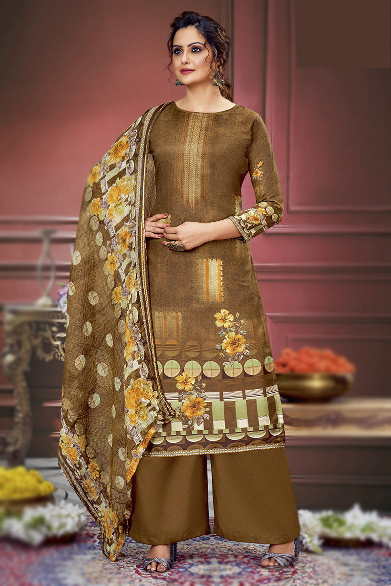 Olive Brown Printed Cotton Silk Casual Wear Palazzo Suit
