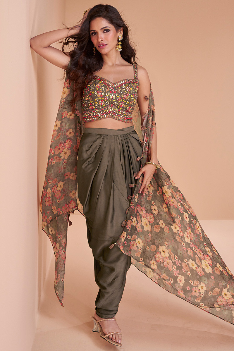 3-Piece Printed Layered Blouse and Trousers with Long Shrug | Swagat Pallus