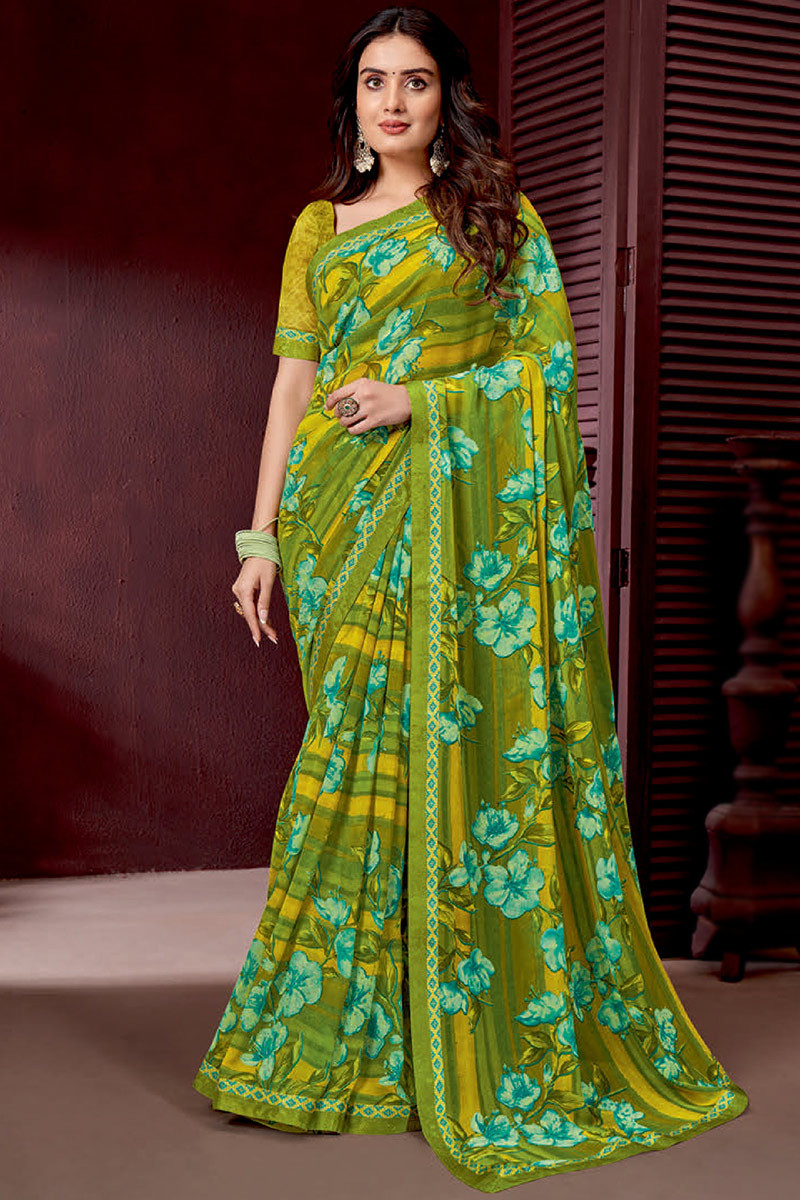Olive Green Casual Wear Printed Georgette Saree