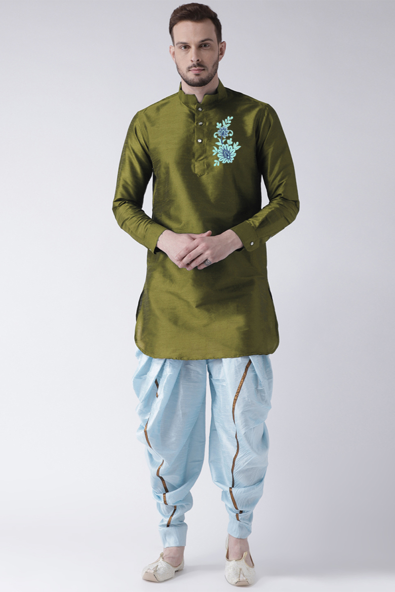 Olive Green Dupion Silk Embroidered Straight Cut Men's Kurta Dhoti