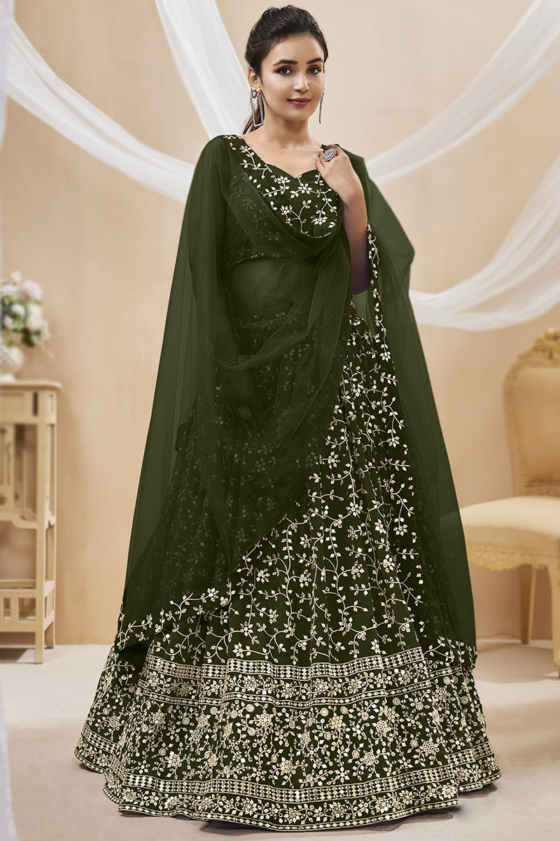 Olive Green Embroidered Flared Style Georgette Lehenga 