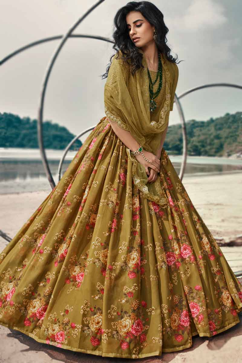 Olive Green Georgette Digital Print Lehenga