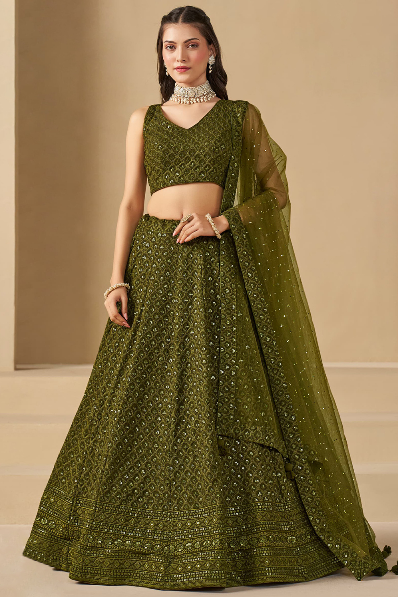 Olive Green Georgette Panelled Style Lehenga with Sequins Work