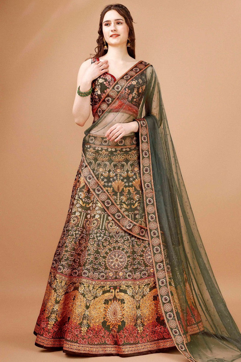 Olive Green Printed Panelled Style Satin Silk Lehenga
