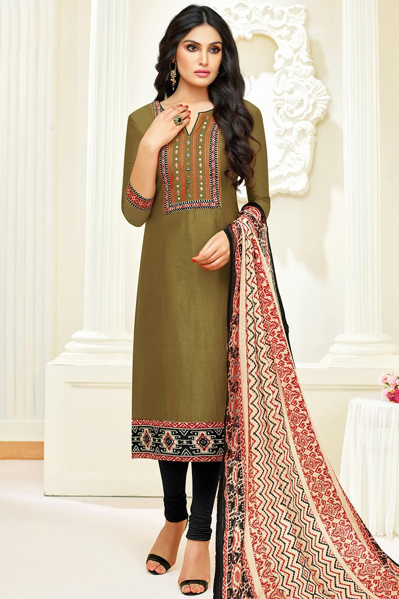 Buy Online Olive Green Churidar Suit with Thread Work LSTV07828