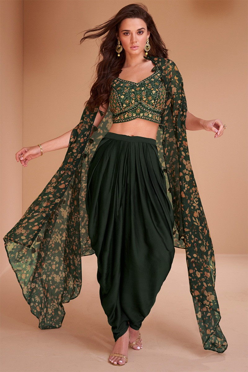 Dark Green Silk Indo Western Dhoti Pants with Top And Shrug LSTV125791