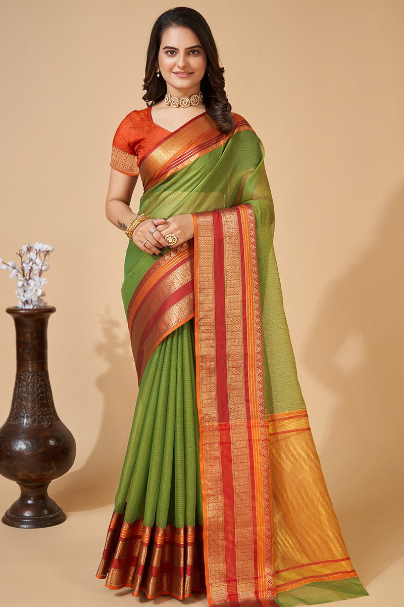 Olive Green Woven Zari Kota Doria Broad Border Saree 