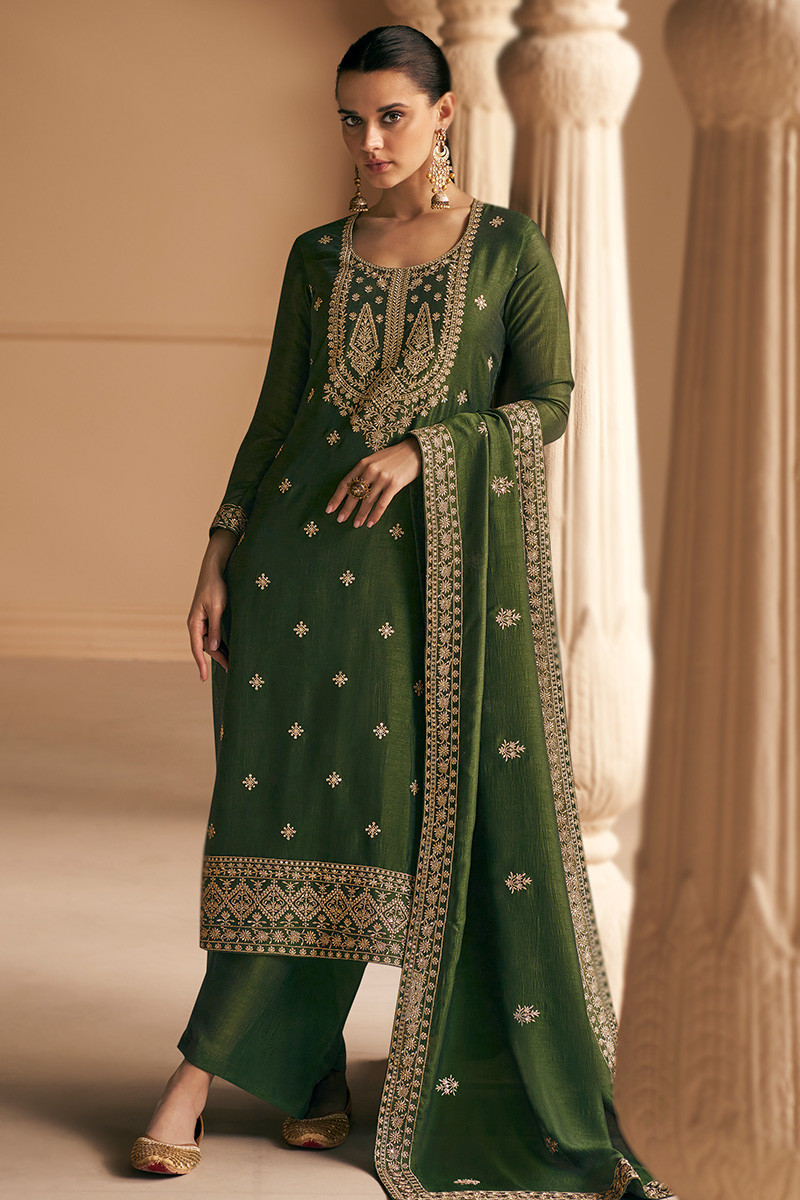 Olive Green Zari Embroidery Palazzo Suit For Mehndi
