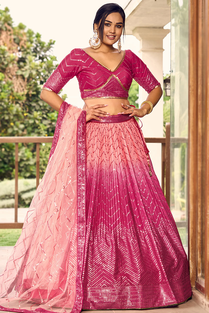 Ombre Printed Chinnon Cerise Pink Flared Style Lehenga