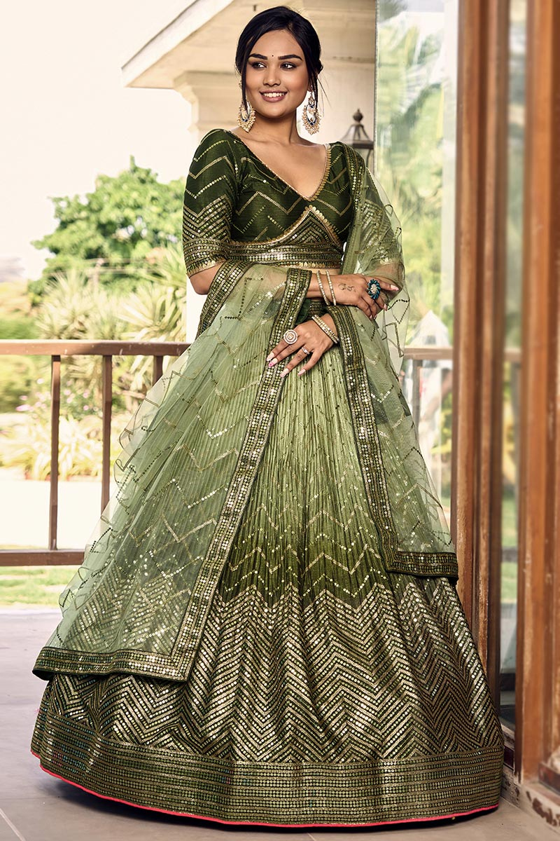 Ombre Printed Chinnon Olive Green Flared Style Lehenga