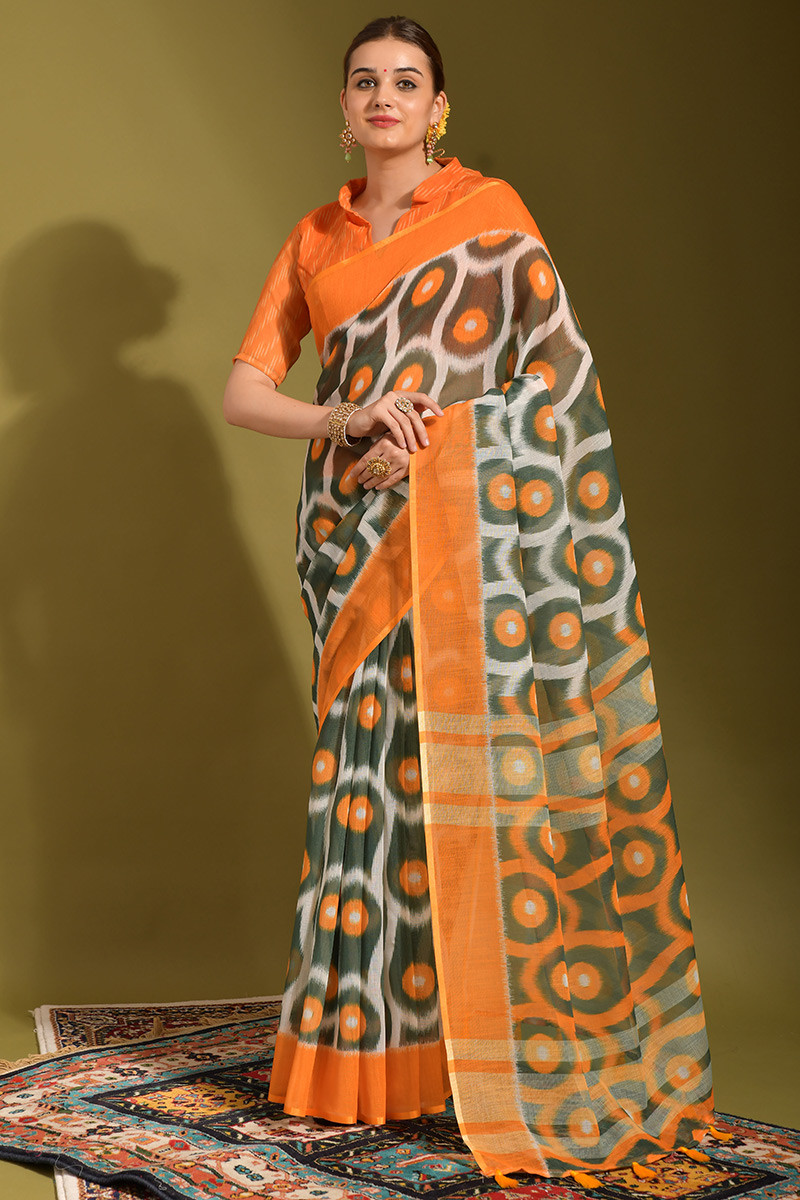 Buy White And Orange Cotton Saree online-Karagiri