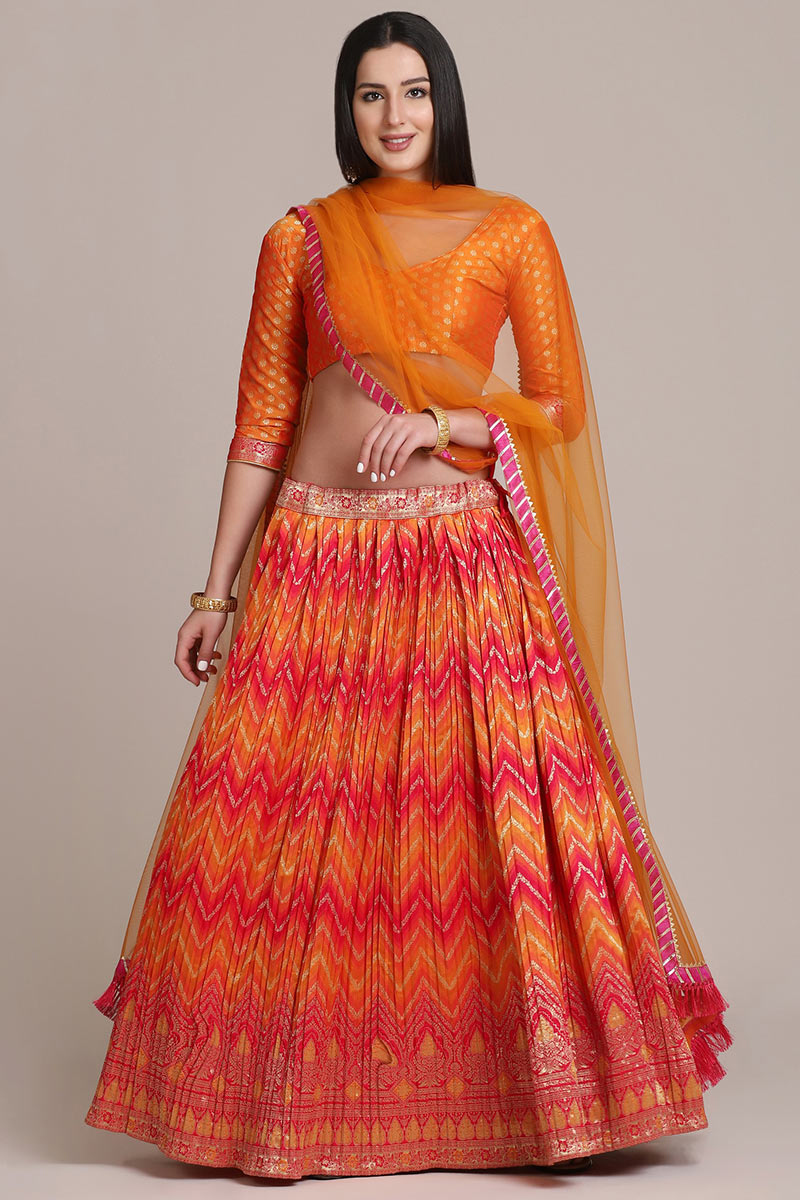 Orange And Red Silk A Line Lehenga