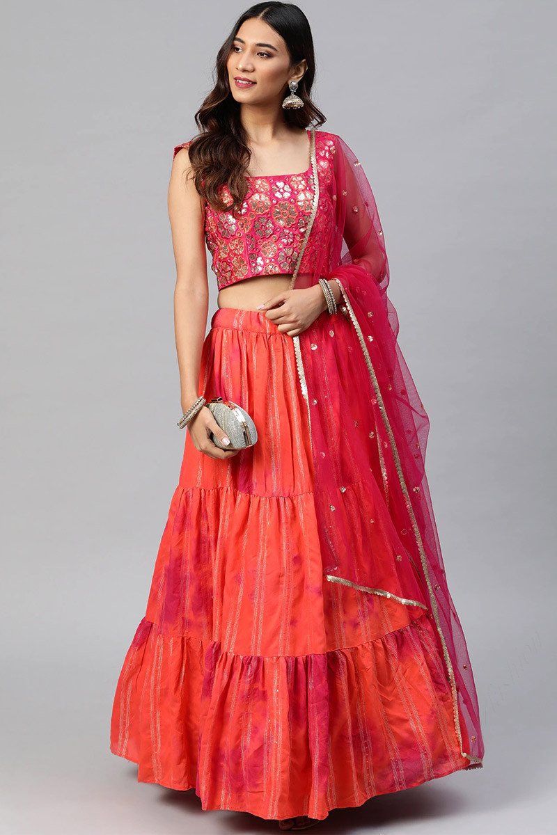 Buy Asian Prom Art Silk Orange Lehenga LLCV110026