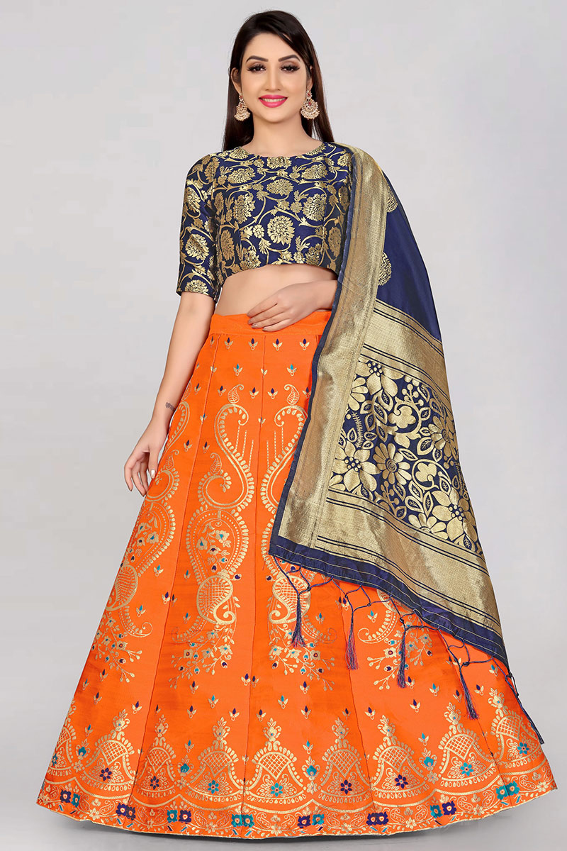Orange Banarasi Silk Lehenga