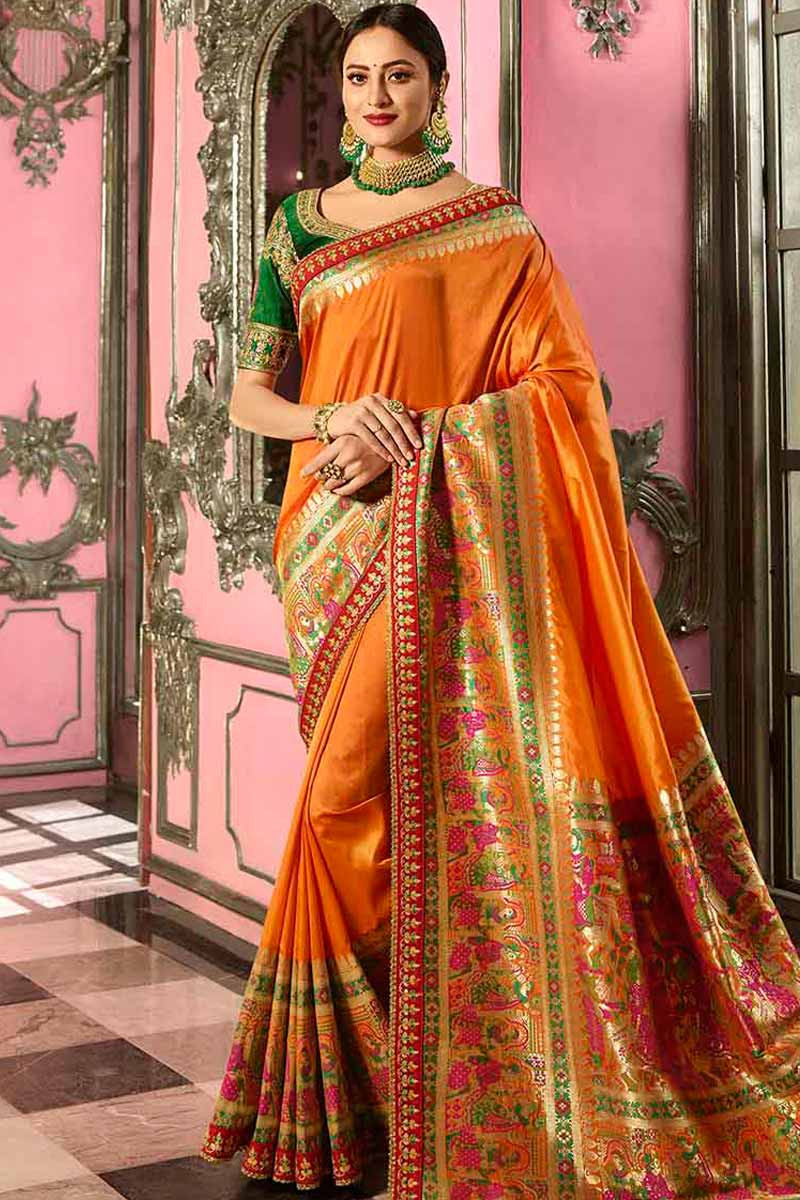Orange Banglori Silk Saree With Raw Silk Blouse