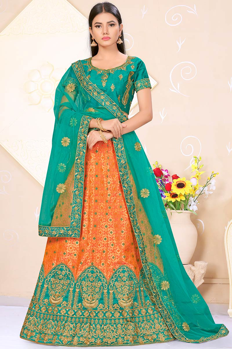 Orange Brocade Floor Length Lehenga Choli