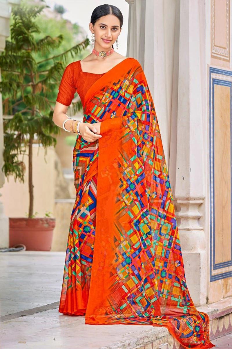 Vishal Prints Orange Chiffon Saree With Foil Print And Fancy Border