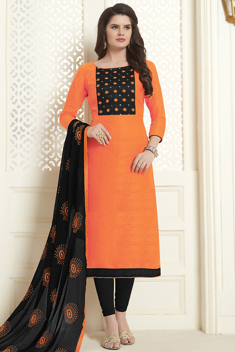 Thread Work Orange Churidar Suit in Cotton for Party