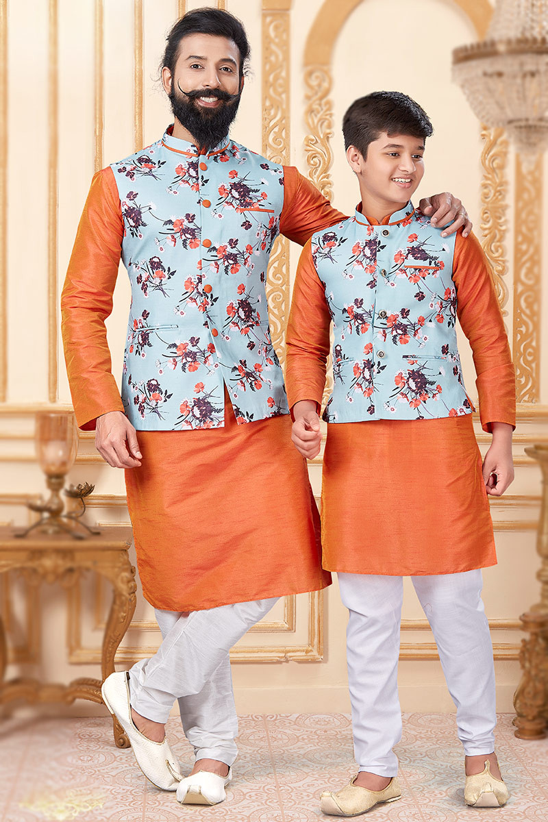 Orange Dupion Silk Father Son Duo Kurta With Waist Coat