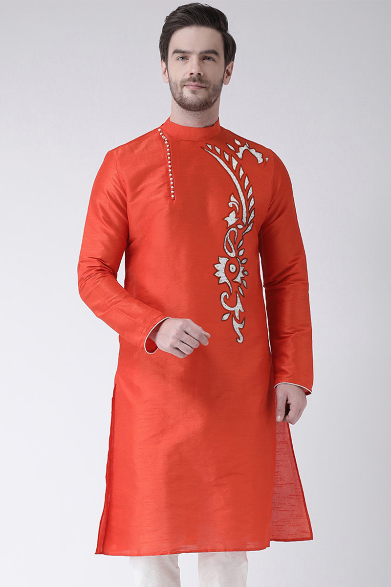 Orange Dupion Silk Patch Embroidered Men's Kurta