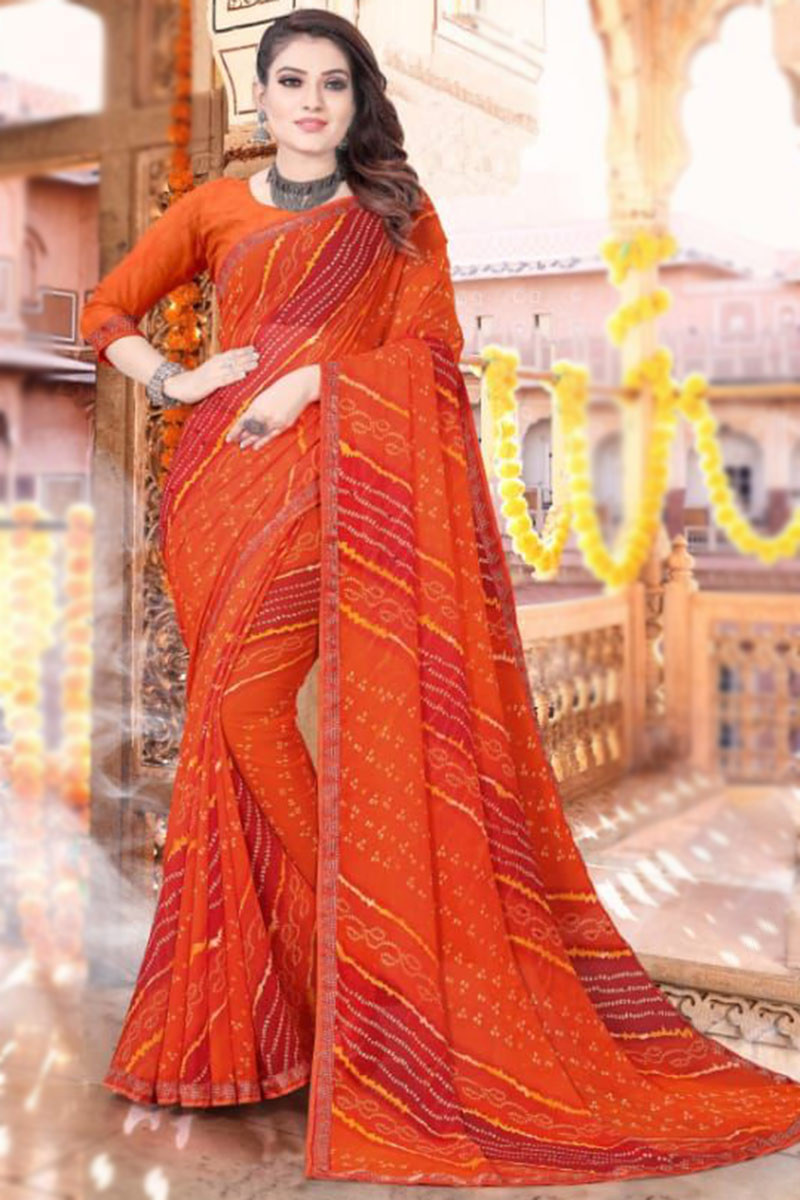 Georgette Saree in Orange colour for Casual Wear