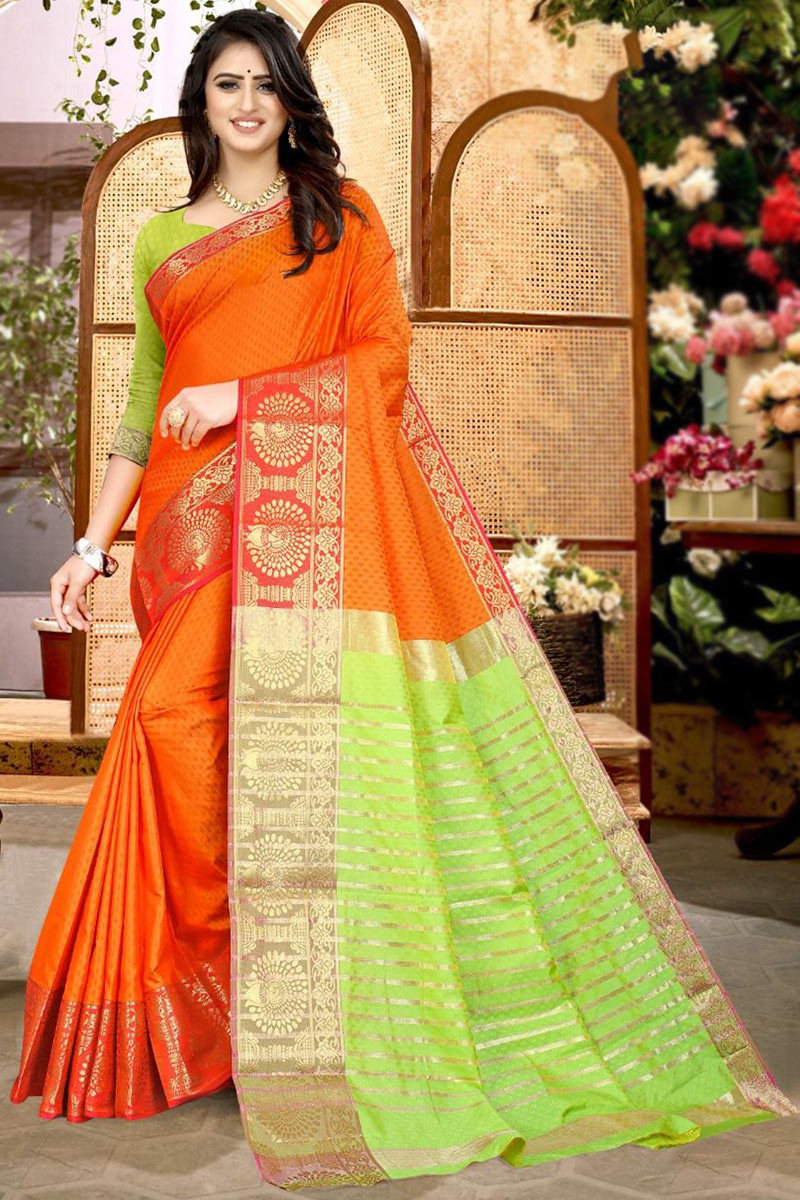 Orange body and Rani Pink anchal Handloom Cotton Sari - Balaram Saha