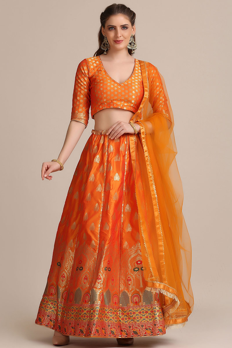 TFM Delightful Orange Attractive Lehenga With Gold Colour Blouse at best  price in Surat