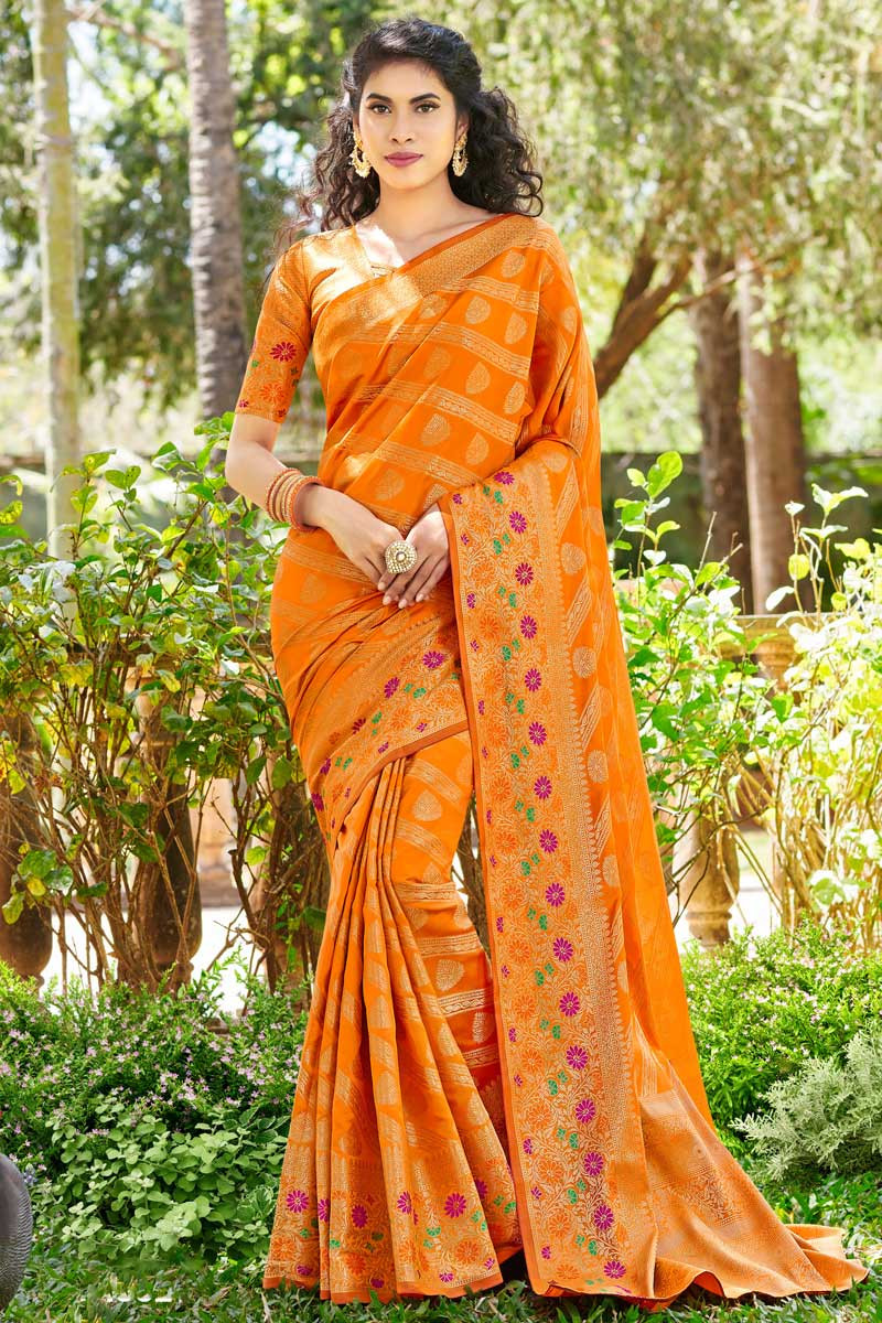 Sandal Grey and Orange Banarasi Saree with Designer Blouse – MySilkLove