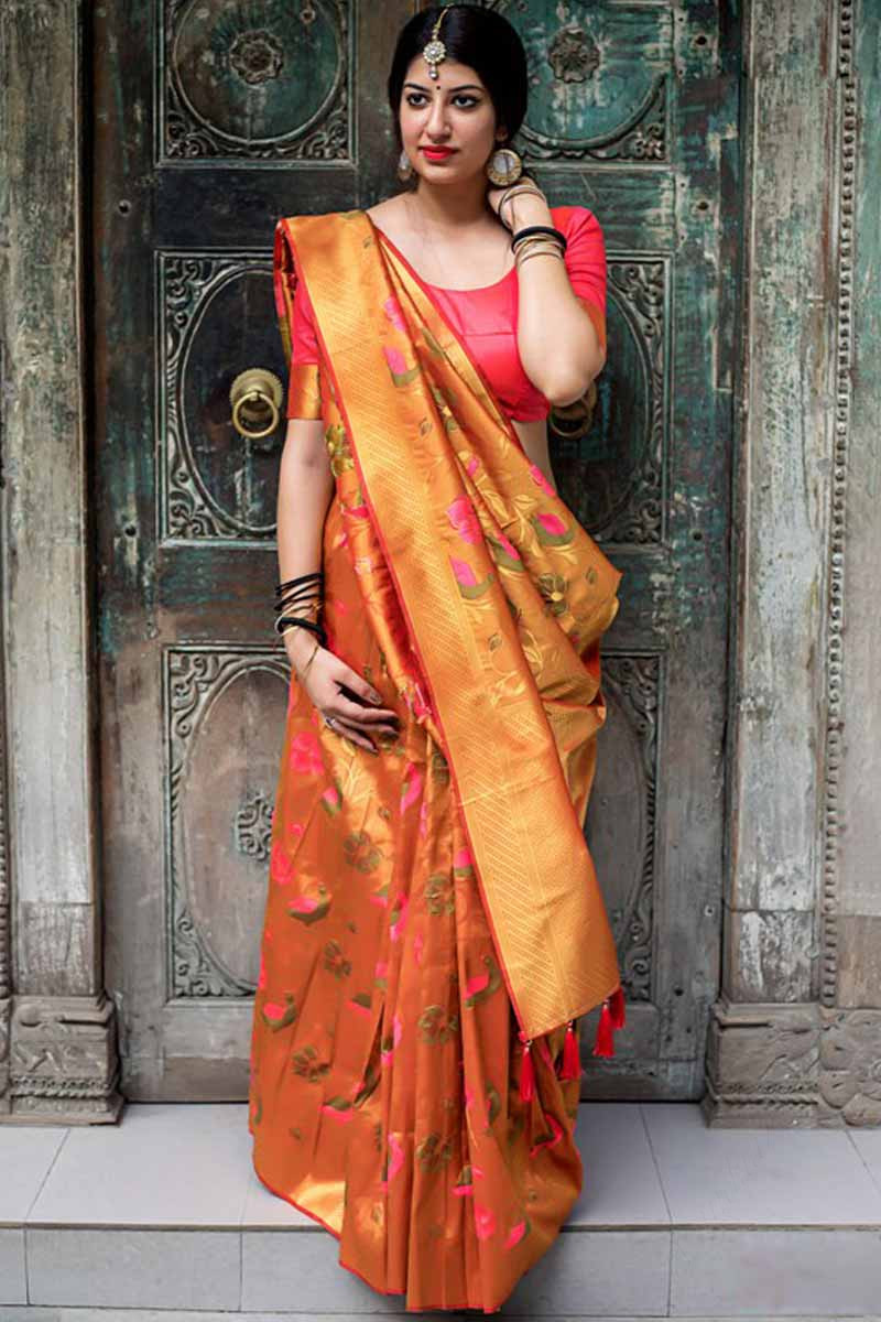 Glossy Orange Zari Woven Soft Kanjivaram Silk Saree wuth Blouse | TST | The  Silk Trend