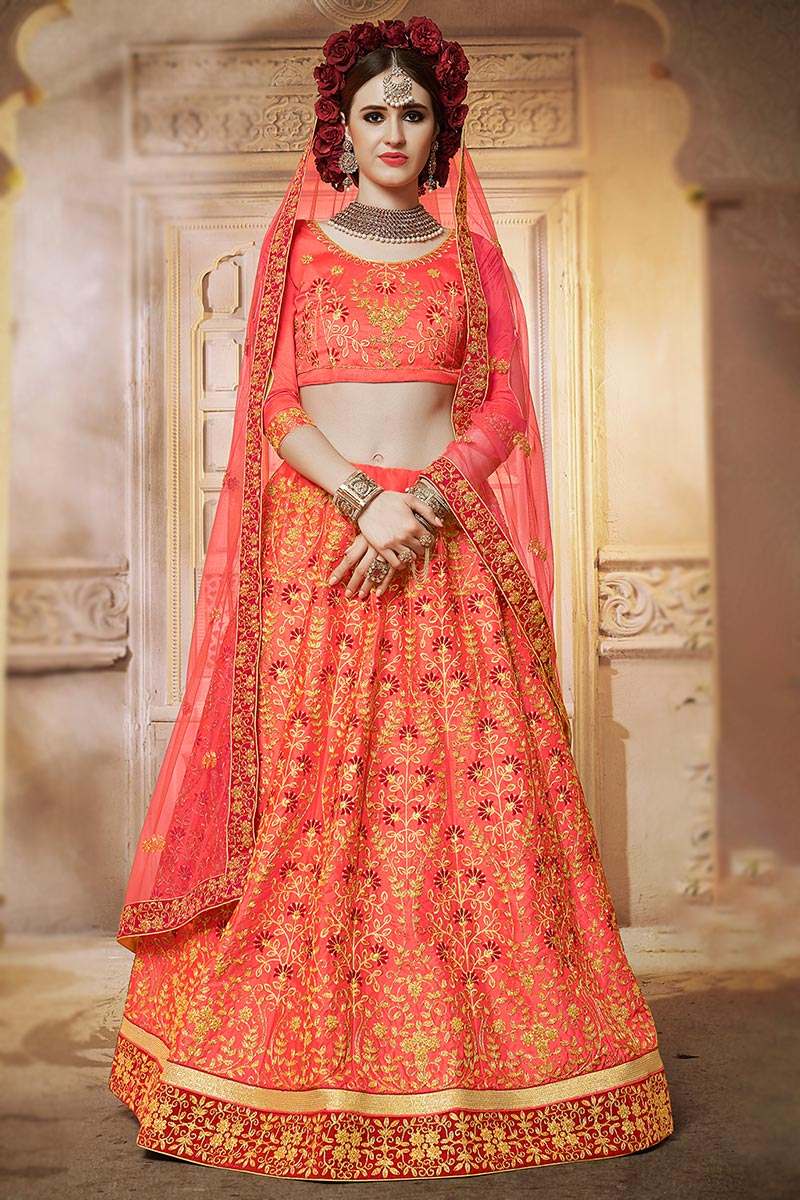 Orange Satin Silk Resham Thread Embroidered Lehenga