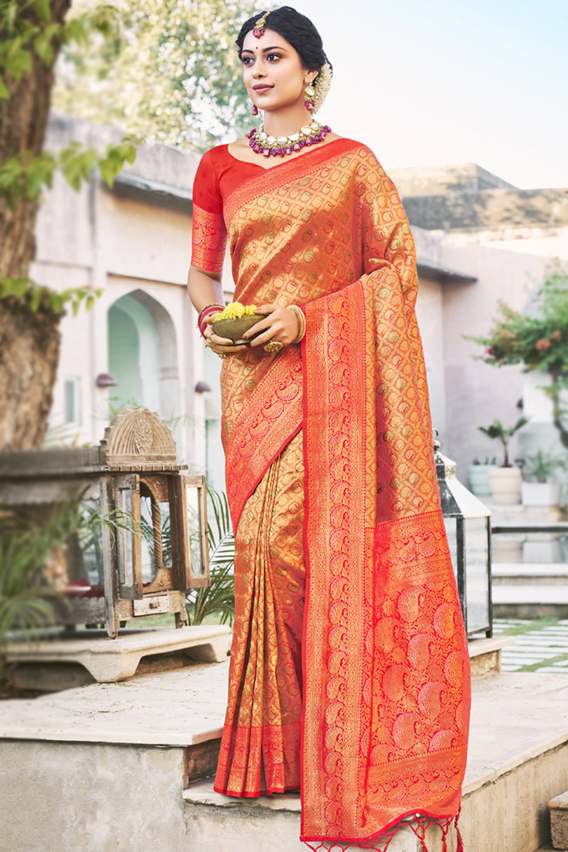 Readymade Collection Orange Silk Woven Zari Saree SARV147080