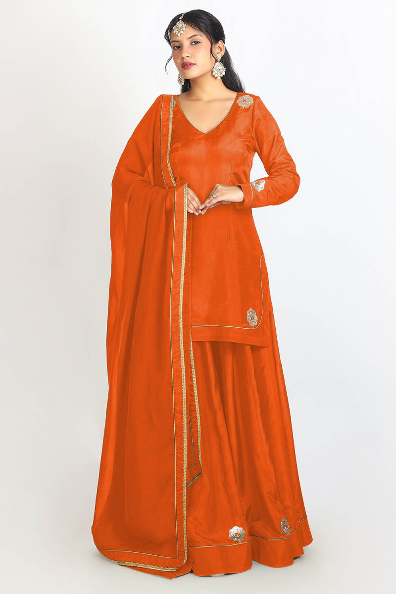 Carrot Orange Soft Silk Embroidered Flared Style Lehenga