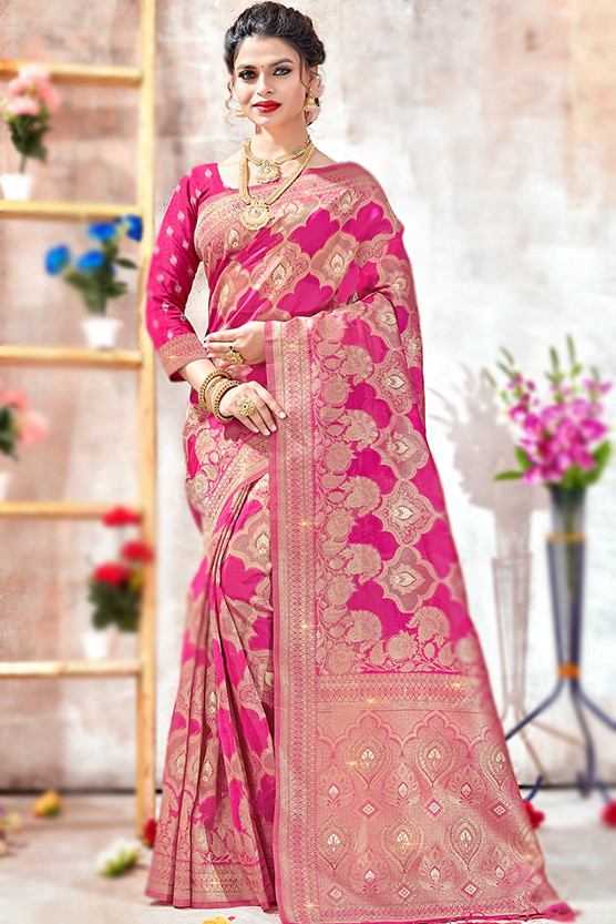 Shangrila Designer PURE ORGANZA COPPER GOLD ZARI BORDER PINK SAREE WITH  EMBROIDERY SEQUINS BLOUSE_Free Size_pink : Amazon.in: Fashion