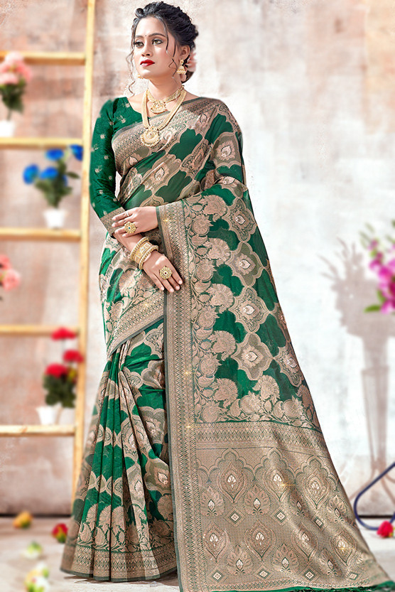 Buy Elegant Dark Green Organza Saree with Blouse piece Online In India At  Discounted Prices