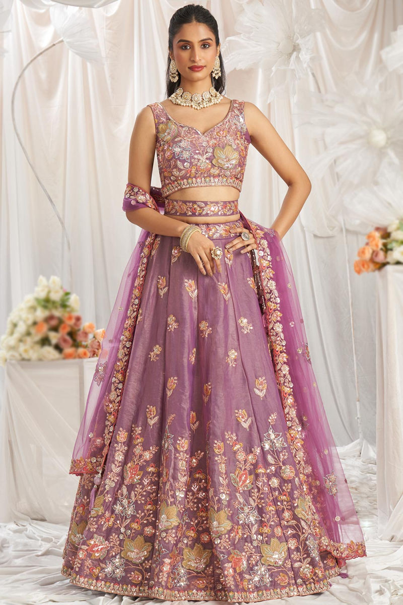Organza Mauve Embroidered Panelled Style Lehenga