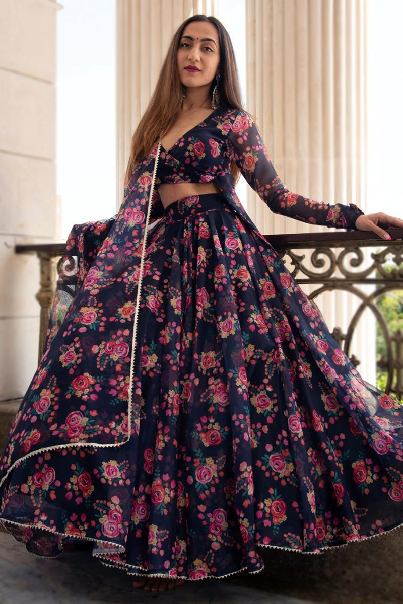 Organza Navy Blue Floral Print Flared Lehenga LLCV118475