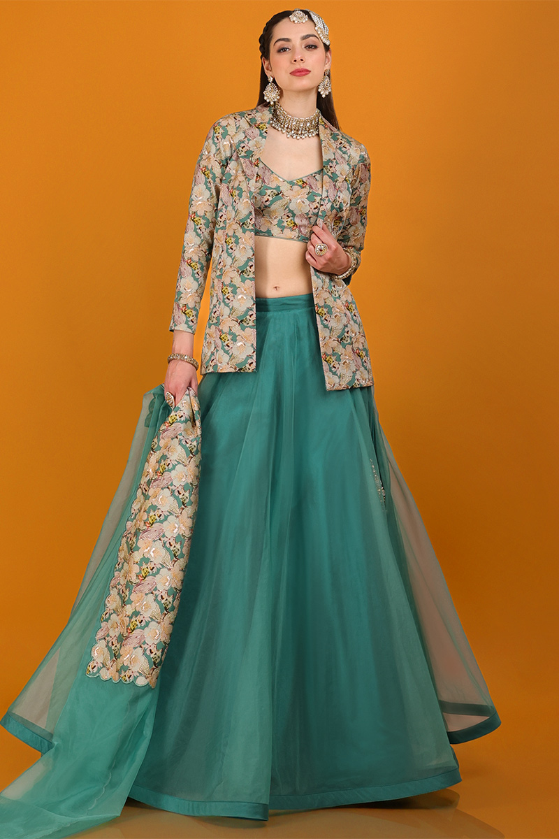 Organza Persian Green Printed Flared Style Lehenga