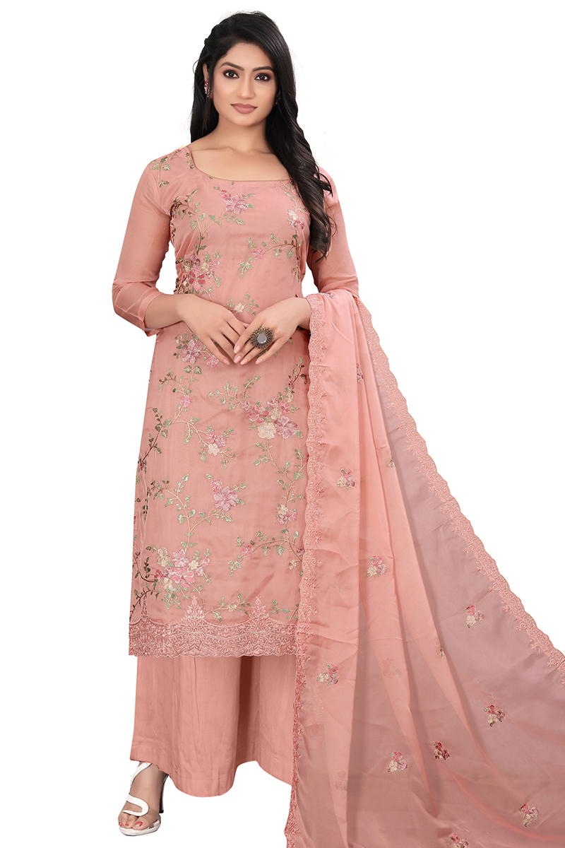 Organza Resham Embroidered Salmon Pink Palazzo Suit