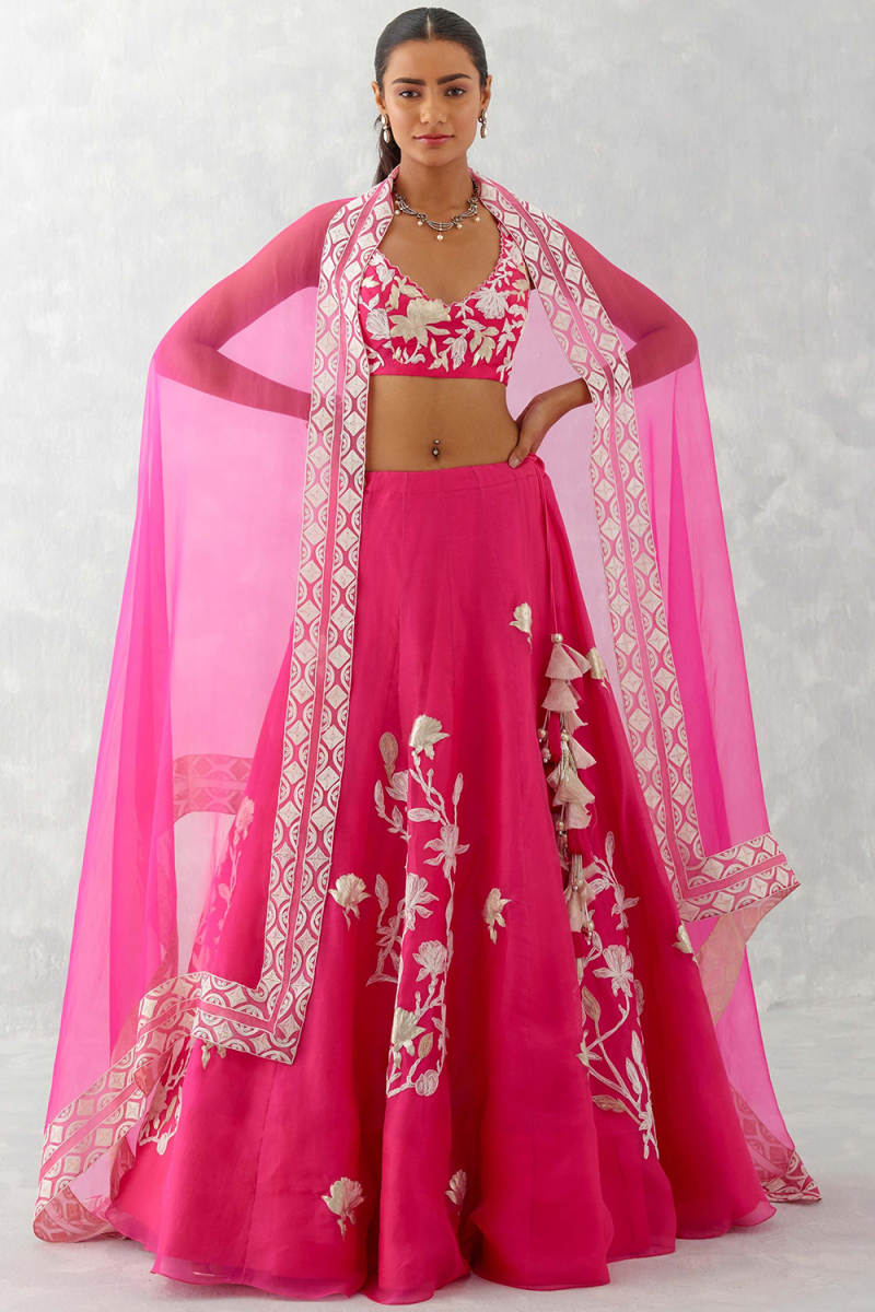 Organza Ruby Pink Lehenga with Zari Work for Diwali