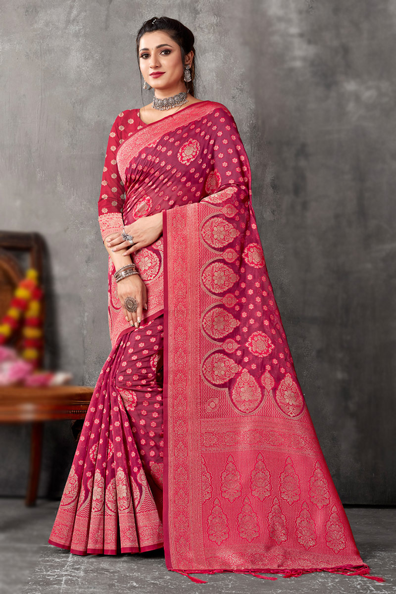 Organza Ruby Pink Zari Weaved Broad Border Saree