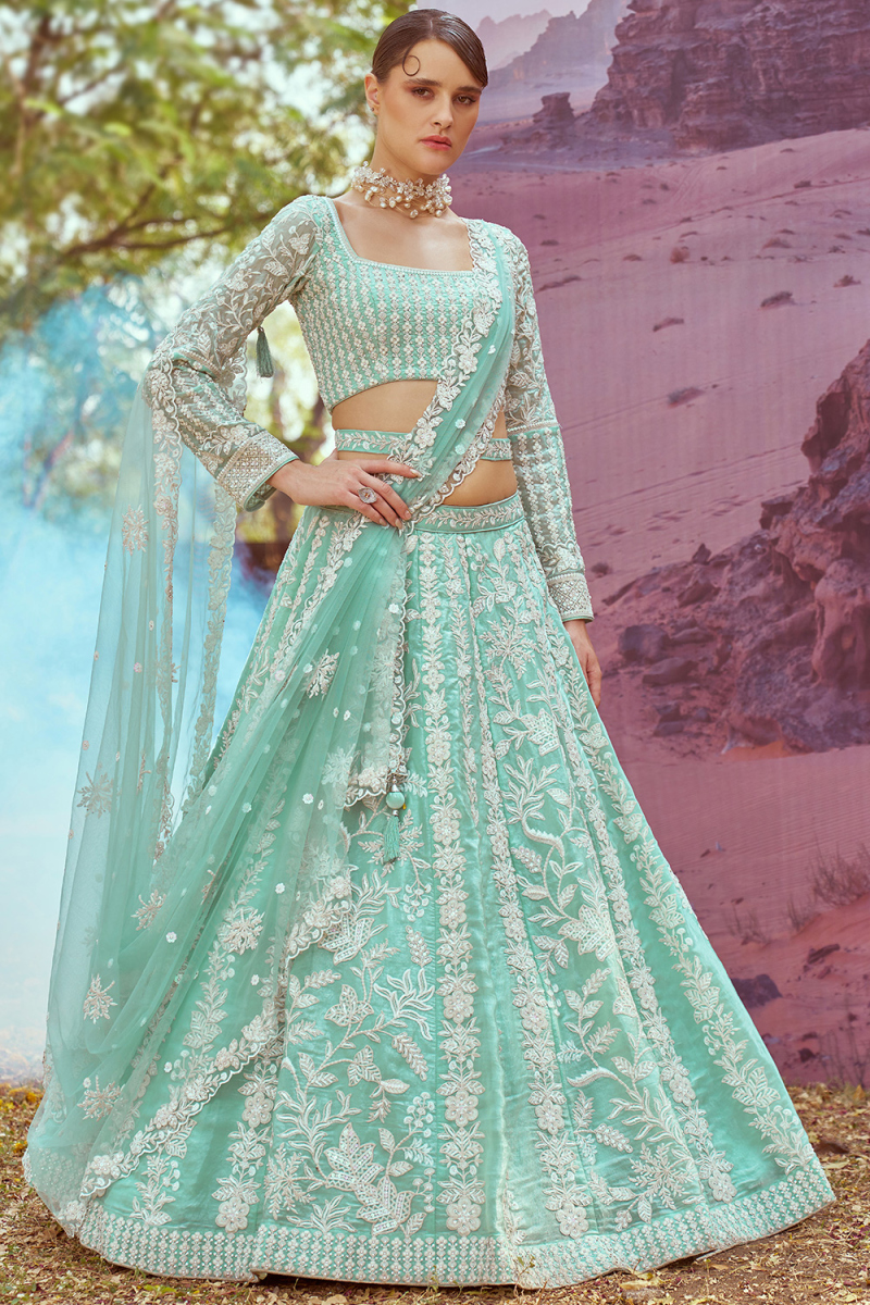 Organza Seafoam Green Dori Embroidered Panelled Style Lehenga 