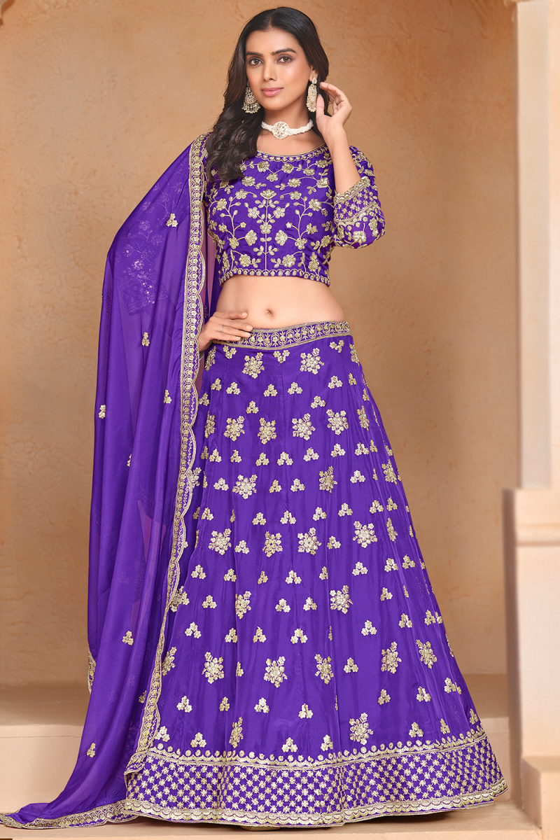 Organza Violet Purple Embroidered Panelled Style Lehenga