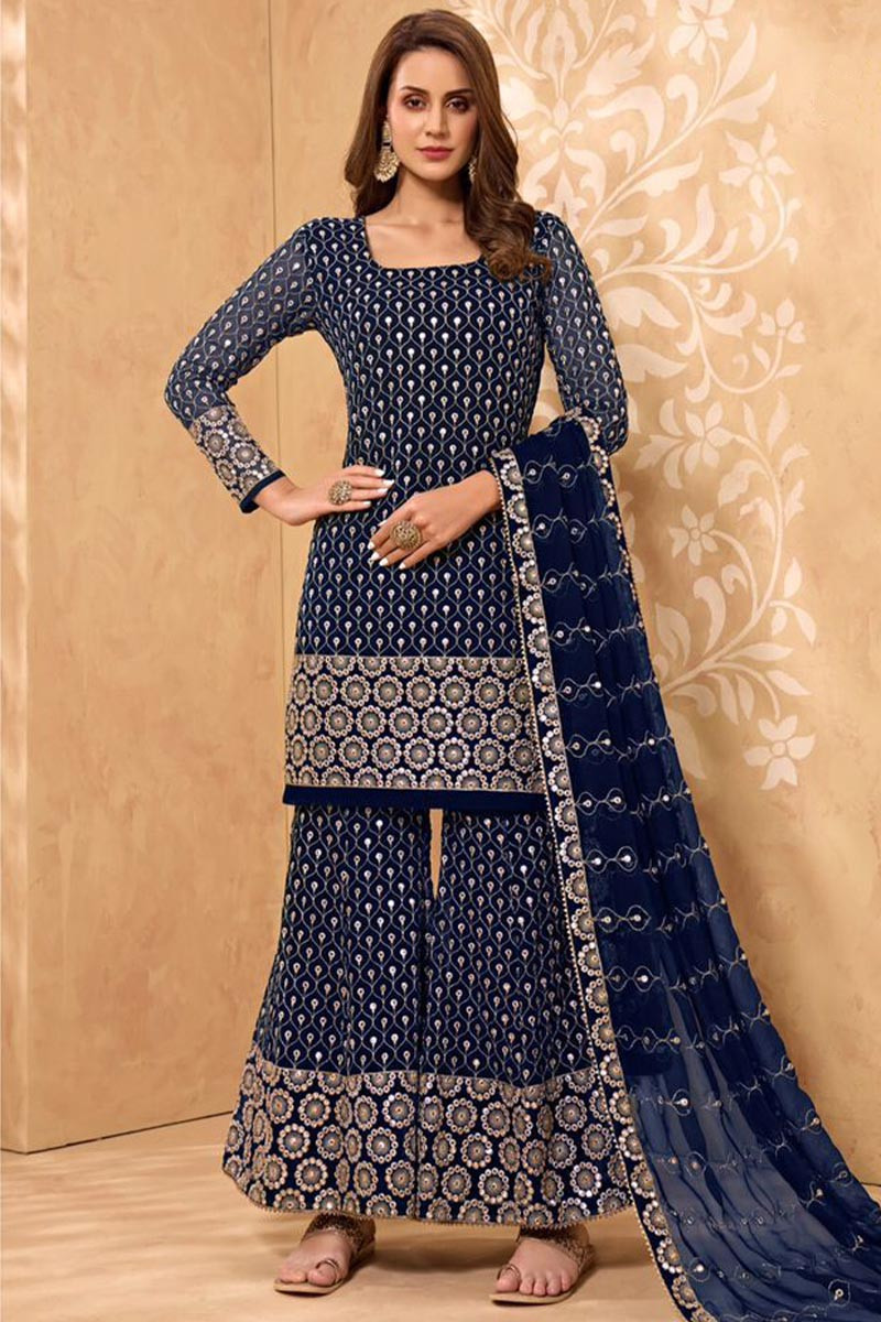 Georgette Embroidered Paris Blue Sharara Set at Rs 1000/piece in Surat |  ID: 2851762652288