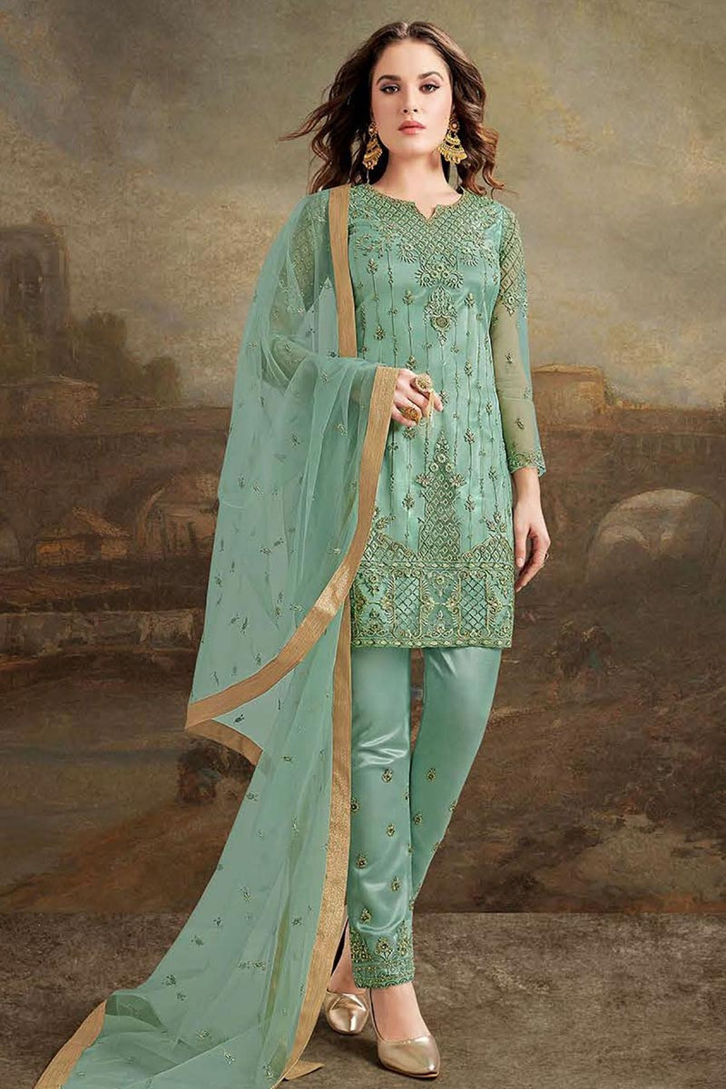 Pakistani Pant Style Suit In Sage Green Colour