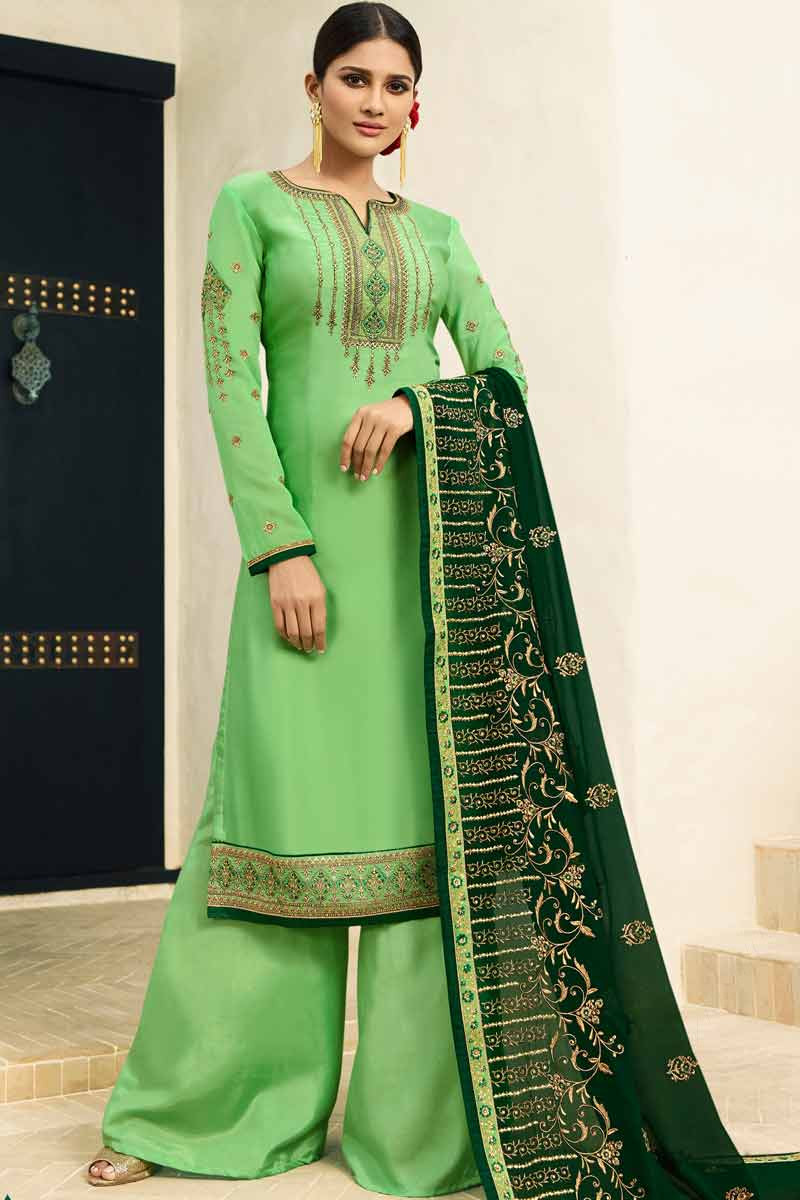 Georgette Embroidery Palazzo Pant Suit In Light Green Colour - SM5540051