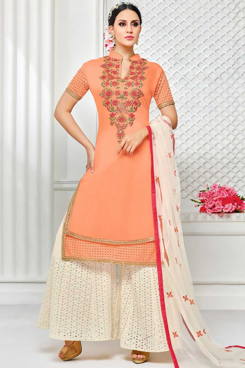 Buy Long Suits Silk Orange Palazzo Suit LSTV0472