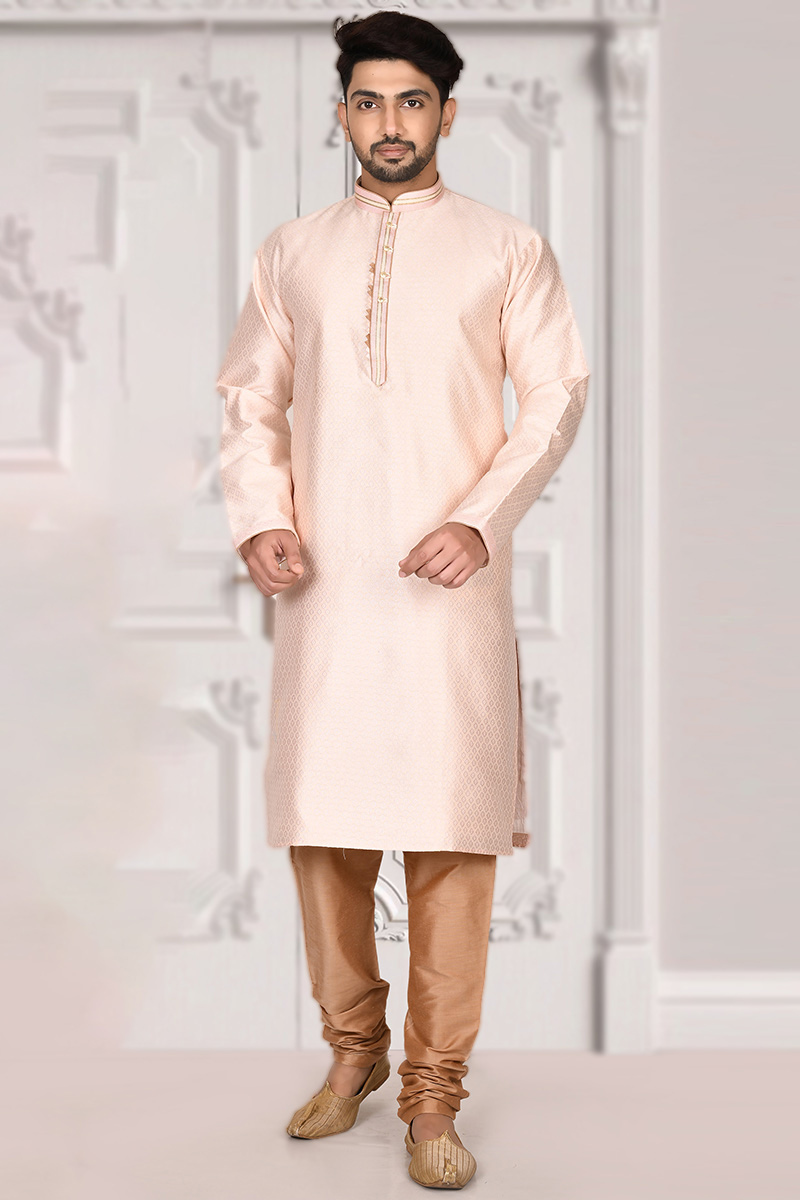 Pale Pink Brocade Men Kurta With Churidar
