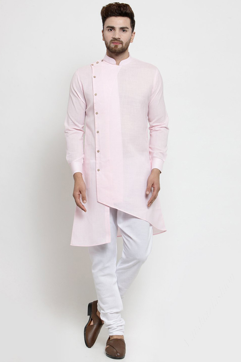 Exclusive Plain Pale Pink Men Kurta With Churidar Pajama MKPA03321