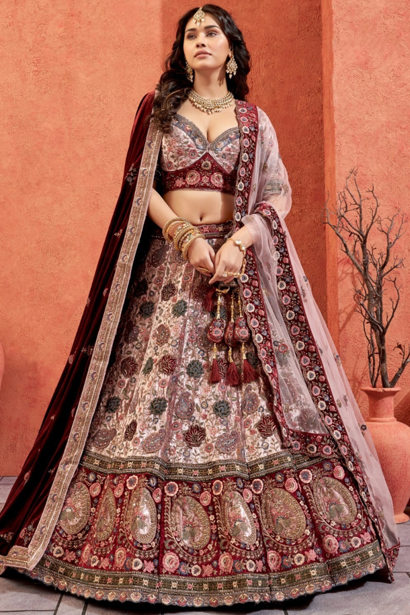 Pale Pink Embroidered Silk Blend Panelled Style Lehenga